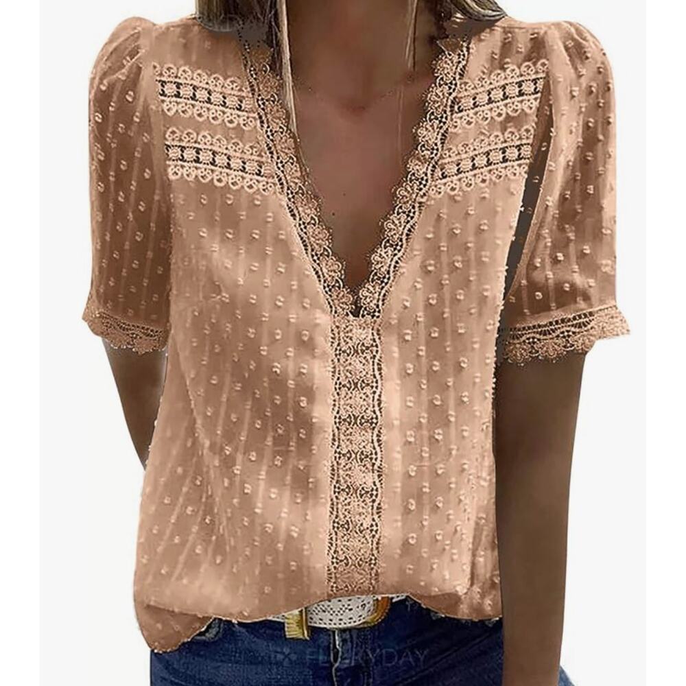 Sheer Beige Swiss Dot Striped Blouse size XL